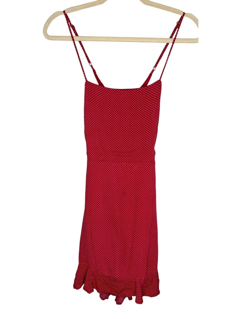 Sadie & Sage Dress Womens S Red‎ White Polka Dot Open Back Ruffle Mini Spaghetti